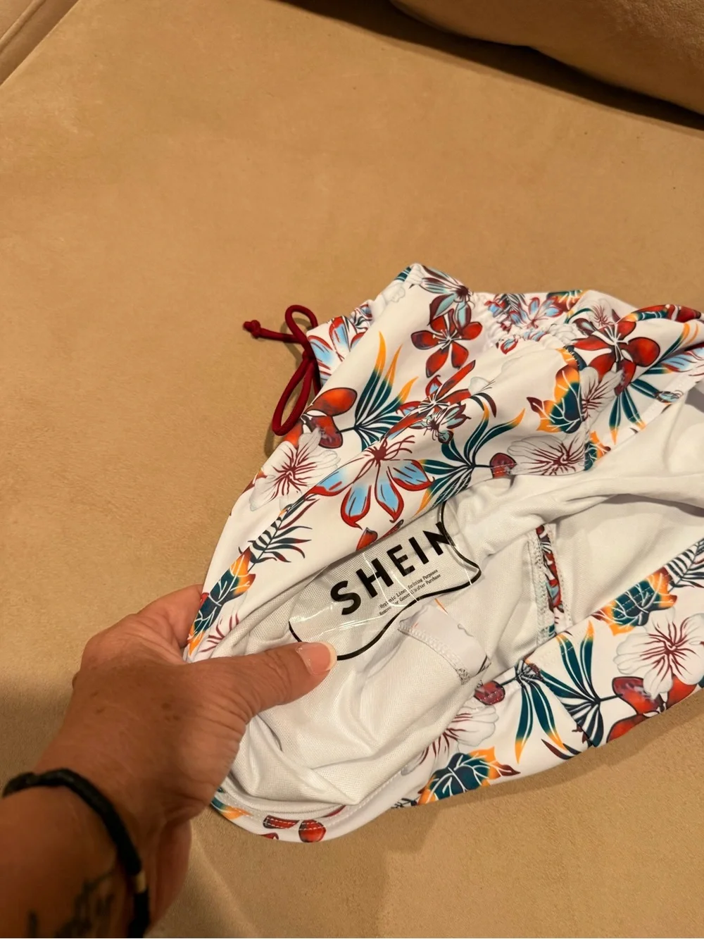 SHEIN White Floral Athletic Swim Shorts with Red & Green Print